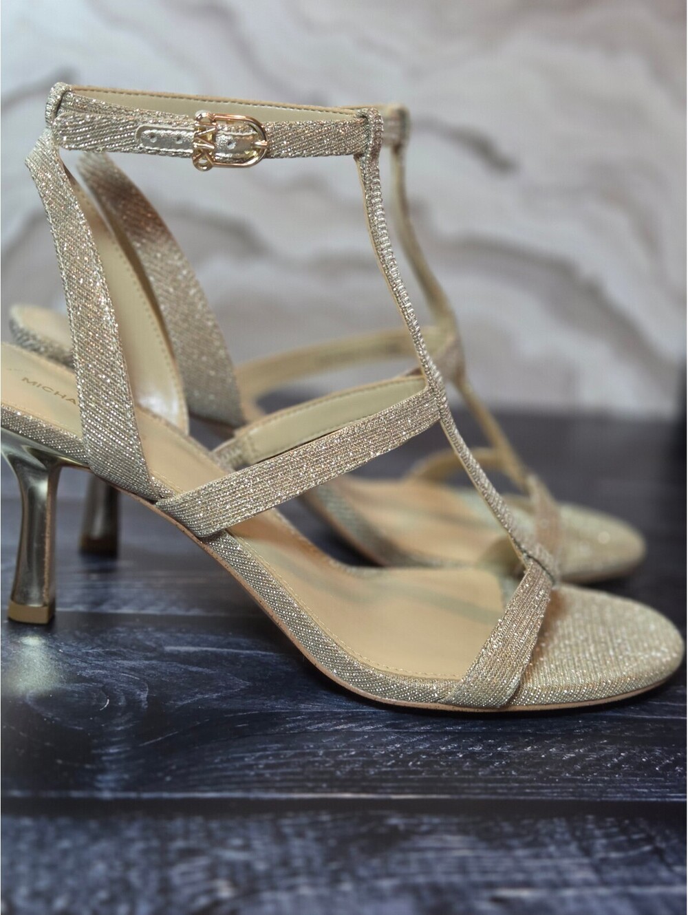 Michael Kors Nara Mid Sandals 8.5 Pale Gold Glitter Chain Mesh Heels NIB